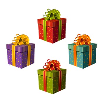Colorful gift boxes decorated with golden stars and lines. White background. Vector available