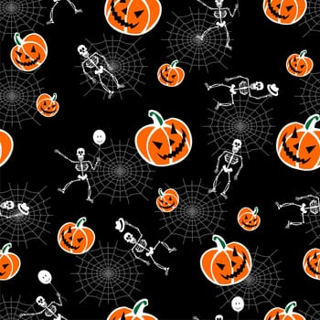 Halloween pumpkins and skeleton on black background. Vector available