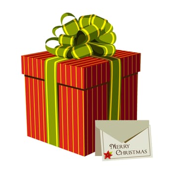 Red gift box with green ribbon and Xmas card. White background. Vector available