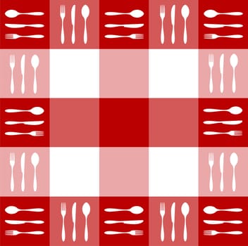 Food, restaurant, menu design with cutlery silhouettes pattern on red tablecloth texture. Vector available