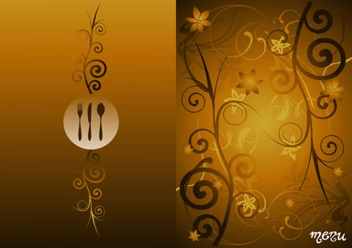Fork, knife and spoon menu illustration for food industry, chocolate box, cover, label for wine. Gradient golden floral background