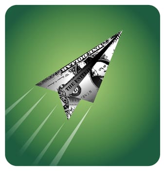 One-dollar bill plane flying away. Vector available