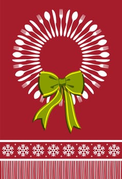 Cutlery menu design background for Christmas season. Fork, spoon and knife forming a wreath with a bow over red background.
