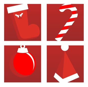 Christmas Icons in Red Background: Santa Claus&#039 s boot, candy bar, xmas tree balloon and hat. Vector illustration