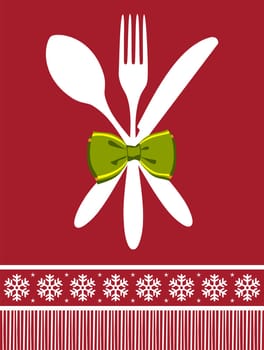 Cutlery menu design background for Christmas season. Fork, spoon and knife with a bow over red background.