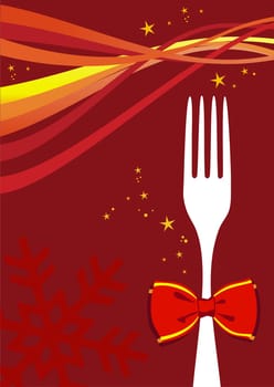 Cutlery menu design background for Christmas season. Fork with a bow and multicolored waves over red design.