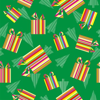 Christmas Gift Boxes colorful striped textured. White Christmas Trees on Green background. Vector available
