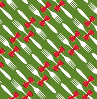 Seamless Christmas fork and bow pattern over green background.