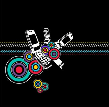 Colorful background with four mobile phones and circles on black background. Vector available