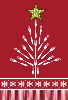 Christmas Tree Cutlery background. Forks forming a tree with a shiny green star on top over red background.