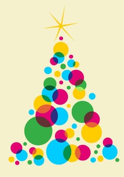 Cyan, magenta and yellow bubbles forming a Christmas tree with a shiny white star on top. Green background. Vector file