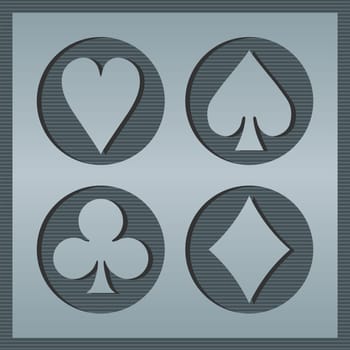 Poker playcards icons framed in circles on striped background. Grey tones. Vector file