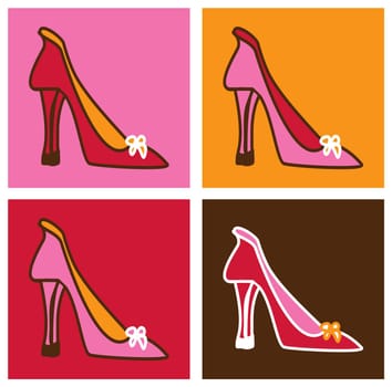 Retro pop pink stilettos background illustration. Four frames composition in differents colors.