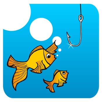 Father fish teaching his small son not to bite the hook.