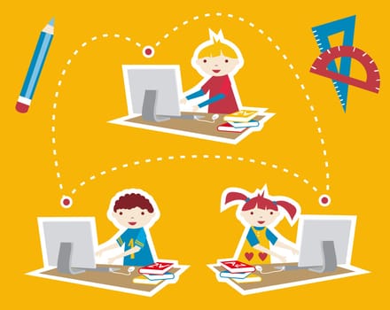 Children learning and social school communication diagram. Internet as a learning tool.
