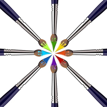 Eight paint brushes in a circle forming a colored flower. White background.