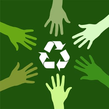 recycling sign been circled by various green hands. Vector file available.