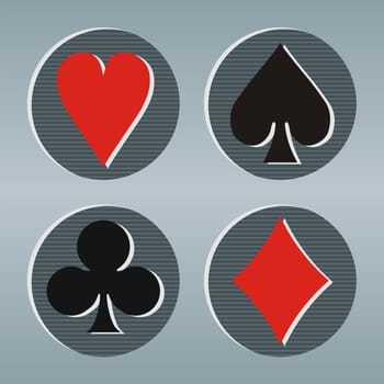 Poker playcards icons in a gray frame with circles on striped background. Vector available