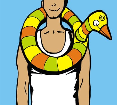 Man wearing a duck water inflatable arround his neck.