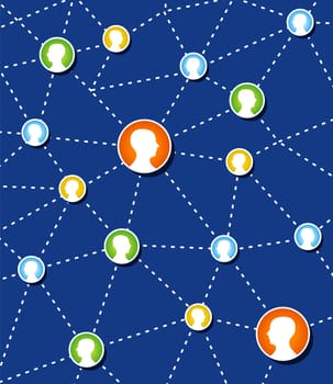 Web social relationship diagram showing human head silhouettes connected by colorful circles.
