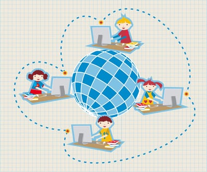 Children learning and social school communication diagram. Internet as a learning tool.