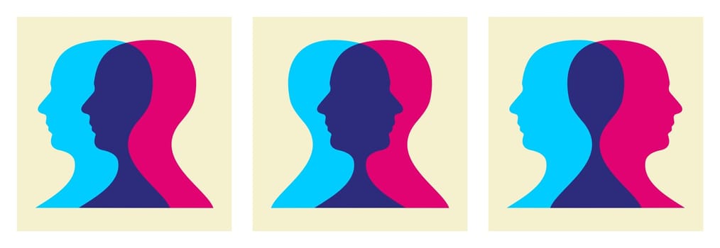 Two human heads in different social interaction illustration. Vector file available.