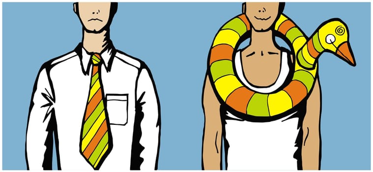 Contrast between a man in tie and a man using a duck water inflatable arround his neck.