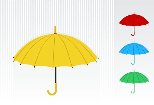 Yellow umbrella with a colorful pattern of umbrellas at the right side. Vector available