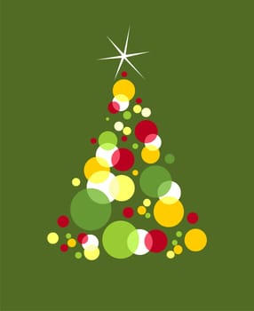 Christmas Tree. Red, yellow, and green bubbles with a shiny white star on top. Green background. Vector file