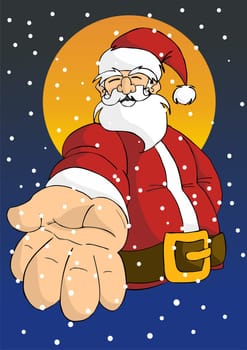 Christmas series postcard background: Cheerful Santa giving his right hand with orange moon in the background in a snowy sky.