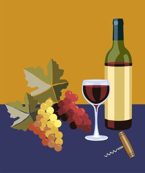 Bottle and glass of wine with grapes on the left