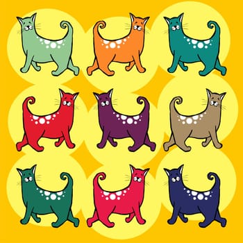 Colorful cats with curly tail pattern. Yellow background