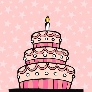 Pink birthday cake on pink background with stars
