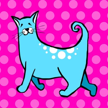 Cute cat with curly tail on light blue and pink background. Vector avaliable