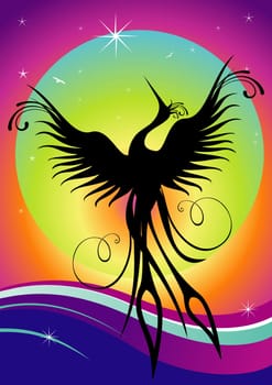 Black phoenix bird figure over multicolored background. Re-birth concept.