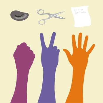 Vector illustration rock paper scissors game, hand sign.