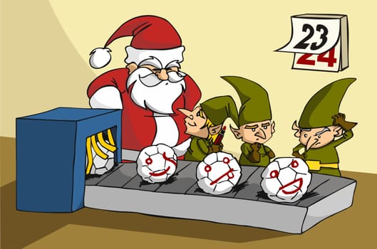 Christmas toy factory: three elves been surprised while joking at job by Santa
