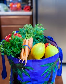 Fresh vegetable, fruits, and herbs in a grocery bag in the kitchen