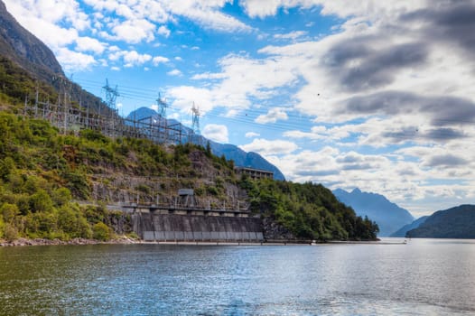 Outside structure of the Manapouri hydroelectric power plant in New Zealand