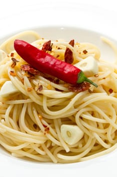 pasta garlic olive oil and red chili pepper closeup on a white dish