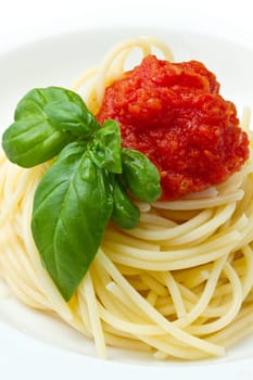 spaghetti with tomato sauce and basil