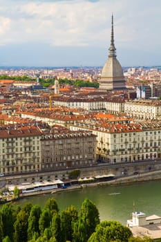 City of Turin and Mole Antonelliana  skyline panorama seen from the hil