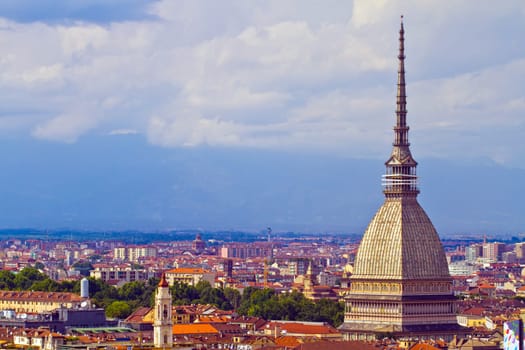City of Turin and Mole Antonelliana  skyline panorama seen from the hil