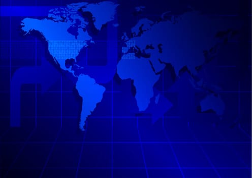 Blue abstract background with world map and arrows