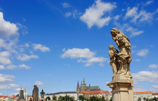 Prague,Statues of Charles Bridge,View of Prague Castle,2011