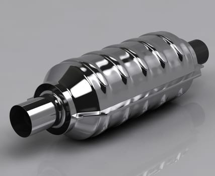 3D of shiny reflecting muffler on grey background