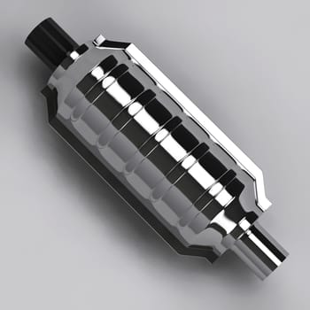 3D of shiny reflecting muffler in grey studio