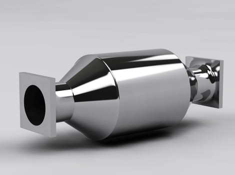 3D of shapy muffler cylinder in grey studio
