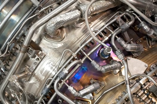 close-up detail of a complex jet engine