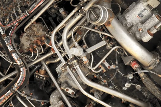 close-up detail of a complex jet engine